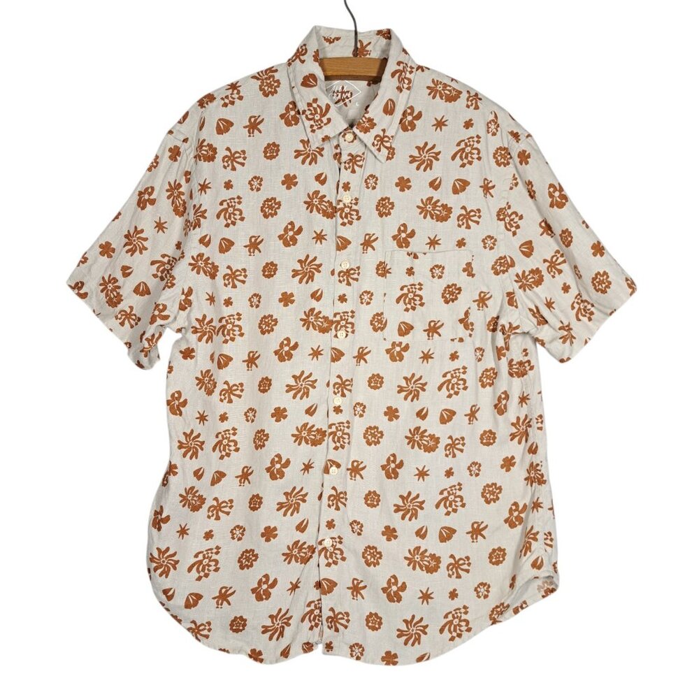 Alex Crane Mens Linen Ola Shirt L Button Up Front Floral Short Sleeve Hawaiian